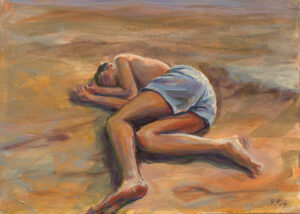 Jeune pêcheur dormant sur la plage, lumière du soir. - 33cm x 24cm - 2024