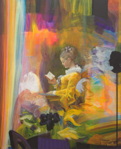 Que lisais-tu que je ne pouvais voir : "Les Bijoux indiscrets" ce roman libertin ou "la vie de Sainte Jeanne Delanoue". Souvenir de la jeune liseuse de Fragonard, National Gallery Washington. - 100cm x 81cm - 2025