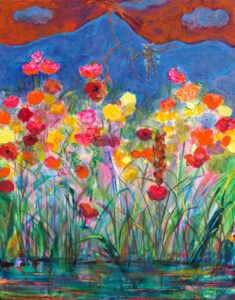 Après les pluies la veille, c'était la fête au jardin, le volcan aussi était en joie. Même Mercure avait fait une apparition pendant le bal. - 92cm x 73cm - 2025