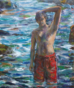 L’instant où Octave me dit: pose un peu tes pinceaux, prends les masques, sous la mer c’est magnifique! - 55cm x 46cm - 2025