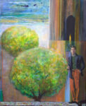 John posant devant son tableau: "Ariane attendant Thésée devant la porte du labyrinthe." - 100cm x 81cm - 2025