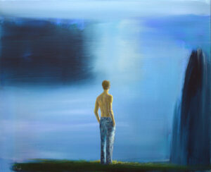 L'instant où Raphaël , un peu dans la position du personnage de Friedrich, se remémora la pensée de Michaux: " Un jour en ma présence un mage retira l'horizon autour de moi." - 61cm x 50cm - 2025