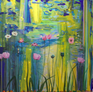 Aux dernières lumières d'été, l'or tombait sur l'étang, il frémissait de cette richesse; les fleurs, elles, exhibaient leur tendre jeunesse le temps d'une saison. - 100cm x 100cm - 2025