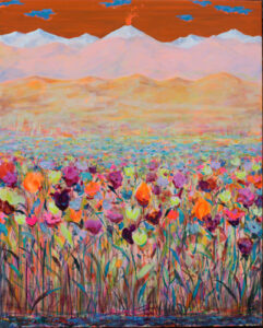 Au dessus des neiges coiffant les sommets, quelques nuages désuets jouaient naïvement à la mouche aveugle. Un jeune volcan au loin montrait que sa mère vivait bien encore; un vent chaud gonflait les robes des filles et laissait flotter leurs mains légères. - 100cm x 81cm - 2025